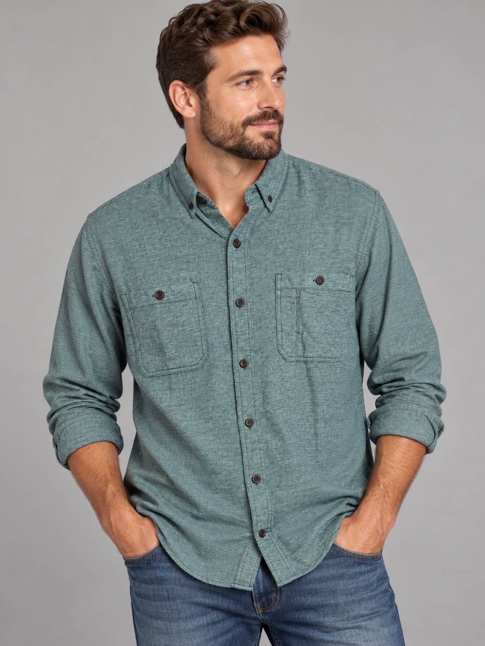 Duluth Trading Free Swingin Shirt Mens XL Twist Cotton Relaxed Fit Blue Green